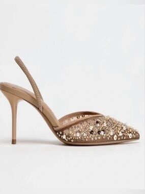ZARA Brown Beaded Pointed Slingback Mules